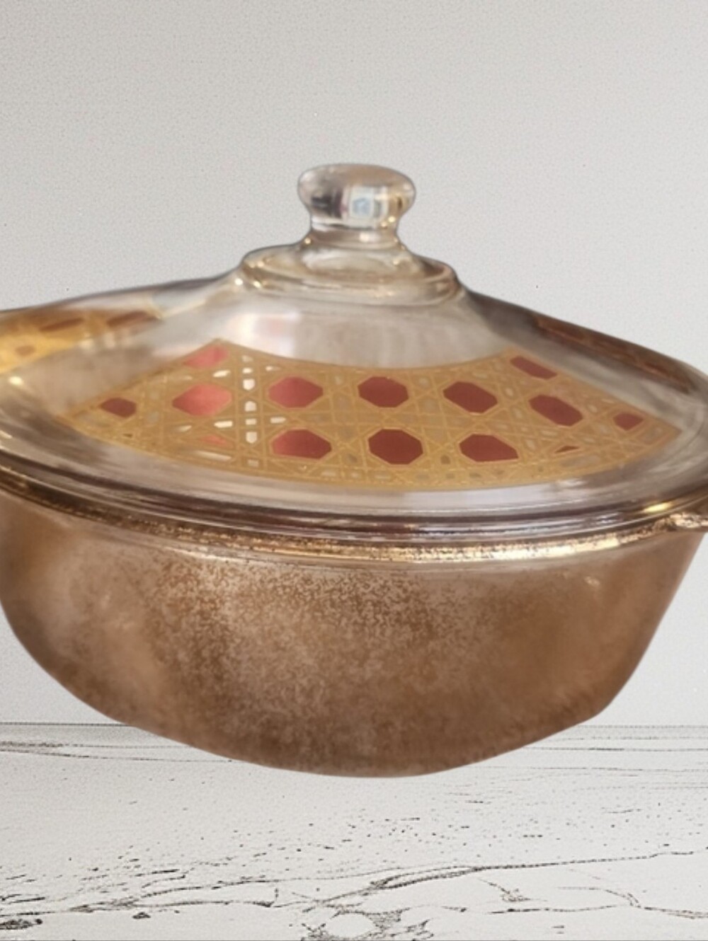 VTG Anchor Hocking Gold and Red Glass Covered Casserole Dish